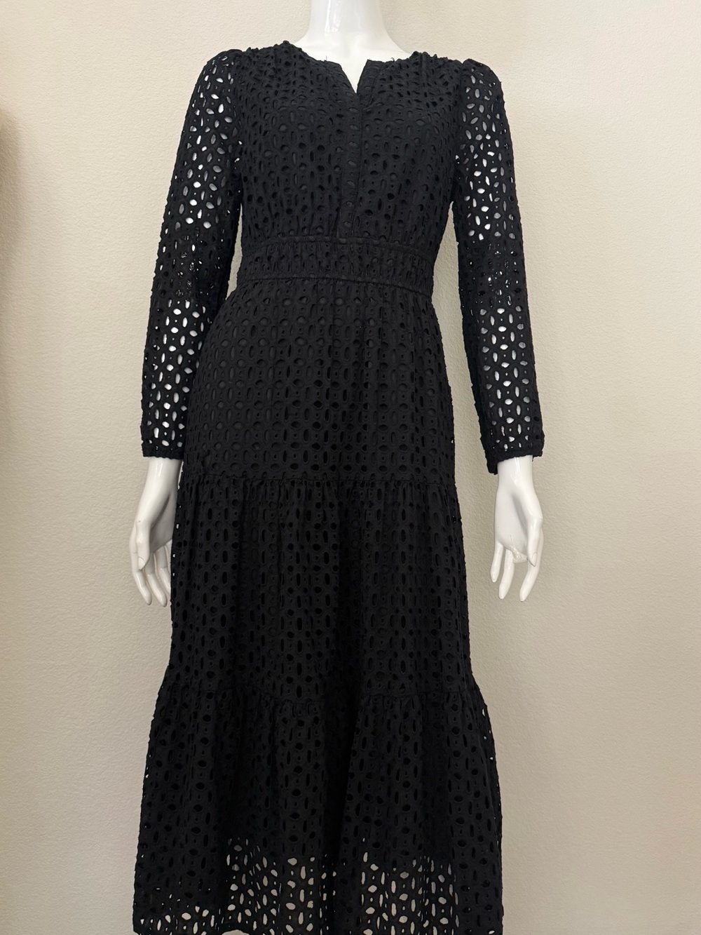 Black Eyelet Long Sleeve Tiered Midi Dress